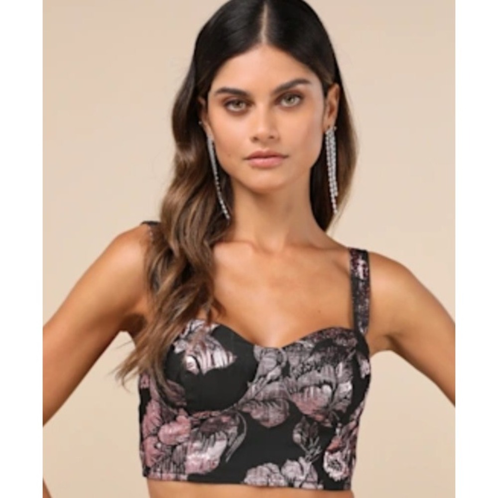 Lulus Metallic Jacquard Bustier Crop Top Glam Whimsy